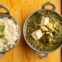 Saag Paneer · Cottage cheese in creamy spinach, ginger, garlic.