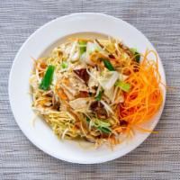 Pad Bar Mee (Egg Noodle) · stir-fried with egg noodles,  mushrooms, carrots and scallion in light brown sauce.