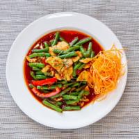 Pik Khing · American spicy. Choice of meat sautéed with string beans, bell pepper, and red curry paste s...