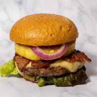 Hawaiian Burger · brown sugar marinated pineapple ring, lettuce, bacon, pickled red onion, Havarti cheese and ...