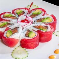 Cherry Blossom Specialty Roll · Salmon and avocado topped with tuna and spicy mayo.