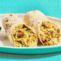 Baja Breakfast Burrito · Scrambled eggs, bacon, french fries, green chile, queso. Hot sauce on the side