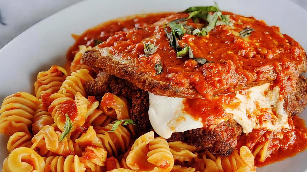 Chicken Or Veal Sorrento · Hand breaded all-natural chicken cutlet or tender pounded veal layered with eggplant and ricotta, topped with a shredded cheese blend and tomato-basil sauce; served with spaghetti or penne. Can be prepared Gluten-free.