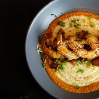 Shrimp & Grits · Butter Poached Shrimp, Lord & Barrett Sausage, Cheese Grits, Green Onions, Parmesan, Creole ...