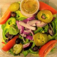 Garden Salad · Lettuce, tomato, onions, green peppers, cucumber and black olives.