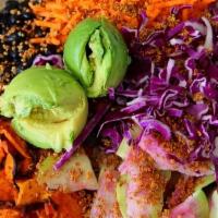Bean There Done That · avocado, black beans, cabbage, carrots, spicy sweet potato, watermelon radish, crunchy quino...