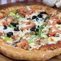Vegetarian Pizza · Fresh sliced tomatoes, onions, green peppers, black olives, mushrooms, green olives, and ext...
