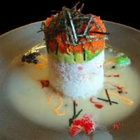 Crazy Tower · Sushi rice, Crab, Avocado, Spicy tuna sashimi