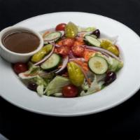 Entree House Salad · Mixed greens, carrots, cucumbers, red onion, tomatoes, Kalamata olives, and pepperoncini.