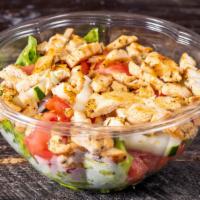 Grilled Chicken Salad · Lettuce, tomatoes, cucumbers and onions.