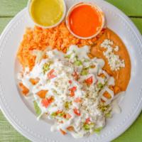 Flautas · 5 Rolled & fried corn tortillas filled chicken. Topped with lettuce, tomatoes, sour cream & ...