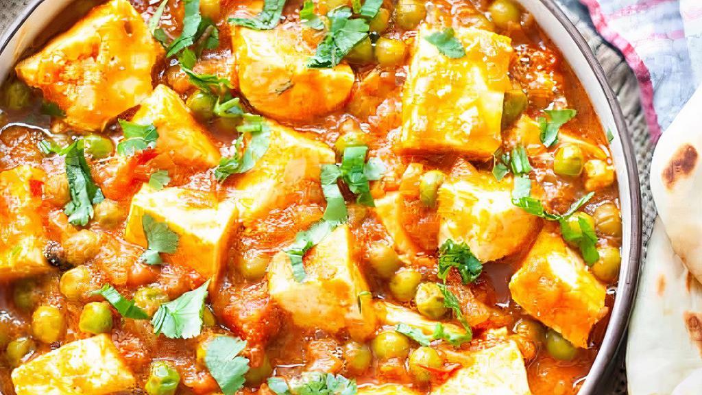 Matar Paneer (G) · Matar Paneer is one of the most popular paneer recipes where paneer (Indian cottage cheese) and matar (green peas) are simmered together in a luscious gravy made with tomatoes, onions and spices.(Served with Rice)