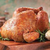 Whole Roasted Chicken With Rosemary Garlic Seasoning · Whole roasted in store and lightly coated with a rich and flavorful rosemary garlic seasoning.
