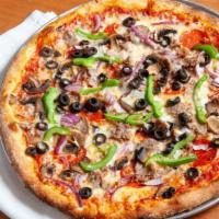 Supreme Pizza · Peppers, mushrooms, onions, pepperoni, sausage, black olives.