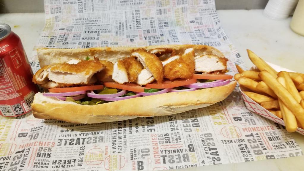 Crispy Chicken Combo · Get our  Joseph Crispy Chicken on a baguette, Fries and a Drink and Save.   With a choice of  lettuce, tomato, red onion, pickles and more. Create your own choice of sauce.