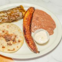 Platazo Dinner · 1 tamal, 1 pupusa, whole fried plantain, beans and cream, all Salvadoran please add the kind...