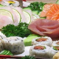 Party Platter B (For 3) · 18 pcs of assorted sushi, rainbow roll, tuna roll and Alaska roll.