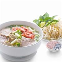 Pho Tai Chin Bo Vien · Rare Steak, welldone brisket and meatball beef noodle soup