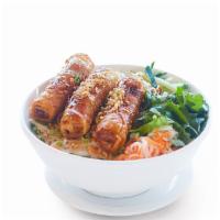 Bún Chả Gio · Contain peanut. Rice vermicelli with crispy spring rolls, lettuce, fried onions, cucumber, c...