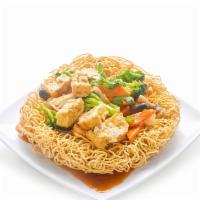 Mi Xao Chay (Gion) · Crispy Egg Noodle Stir Fry With Tofu and Vegetables.