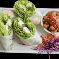 Fresh Rolls · Green leaf lettuce, chicken, shrimps, basil,. cucumber and cilantro freshly rolled in rice p...