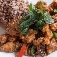 Crispy Garlic Chicken · Crispy fried chicken with bell pepper in special garlic sauce topped with crispy basil