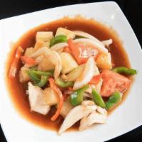 Sweet And Sour  · Sauteed your choice of meat with onion,. cucumber, bell pepper, tomato, celery and. pineappl...