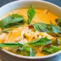 Red Curry · Your choice of meat with bamboo shoot, bell. pepper, basil and coconut milk cooked in red. c...