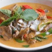 Panang Curry  · Your choice of meat with bell pepper, basil and. coconut milk cooked in panang curry.
