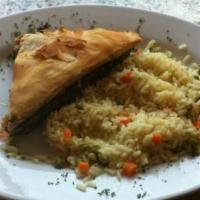 Spanakopita Dinner · Large piece of our special spinach and feta cheese pie. Served with rice.