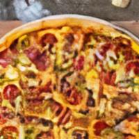Deluxe Pizza · Pepperoni, sausage, fresh green peppers, onions and mushrooms. comes with olives baked on a ...