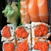 Sushi Sashimi Combo · 5 pcs sushi 9 pcs sashimi and california roll.