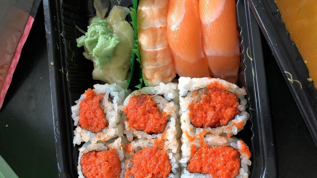 Sushi Sashimi Combo · 5 pcs sushi 9 pcs sashimi and california roll.