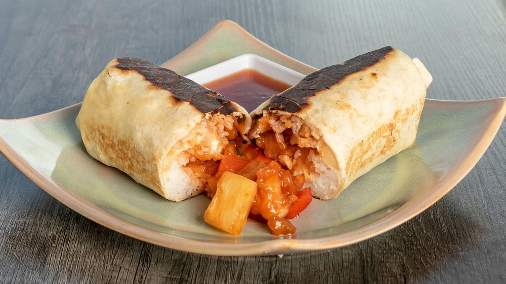 Sweet & Sour Chicken Burrito · Crispy battered chicken, classic homestyle sweet and sour sauce. Served with pineapple, bell peppers, and onions.