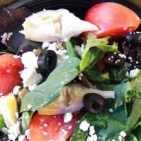 Greek Salad · Greens, artichoke, black and green olives, tomato, feta. Try with Balsamic vinaigrette.