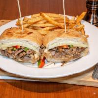Philly Cheesesteak On Ciabatta · All-natural beef tenderloin, caramelized onion, mushroom, bell pepper, provolone, mayo