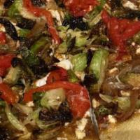 Brussels Sprout Pizza · Goat cheese, caramelized onion, fire-roasted red bell peppers, crushed red pepper, Parmesan,...