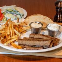 Gyros Plate W/Hand-Cut Fries · Slices of savory seasoned lamb and beef, our signature tzatziki, jalapeño hummus, lettuce, t...