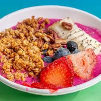 Landover Açaí Superfood Bowl · Acai fruit blend topped with strawberry, banana, blueberry, chia seeds, pecans, and honey.