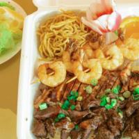 House Plate · Steamed white rice, chicken and steak, shrimp, noodles, potato salad, green salad, cabbage, ...