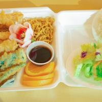 Tempura Plate · Steamed white rice, five tempura shrimps, tempura vegetables, noodles, potato salad, green s...