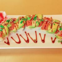 Tiger Roll · In: two tempura shrimp. Imitation crab meat, cucumber with green salad, ginger, wasabi. Out:...
