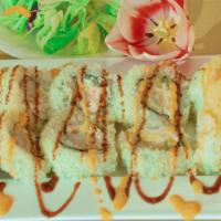 Shrimp Tempura Roll · 10 pieces. In: two tempura shrimp, imitation crab meat, cucumber with green, salad, ginger, ...