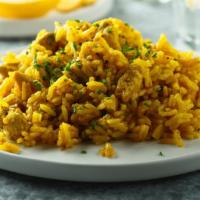 Saffron Rice · Golden rice, prepared in a traditional way. (Vegan, GF)