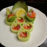 Naruto · Tuna, salmon, Kani, avocado, lettuce rolled with thin cucumber.