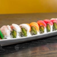 Rainbow Dragon · Avocado and cucumber roll topped with tuna, salmon, yellowtail, shrimp, and white tuna.