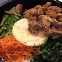 Chicken Bibimbap · Rice with assorted vegetable and beef, and marinated in sesame oil. Served with miso soup an...