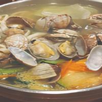 Jogae Sujebi Tang · Clam soup with flat noodle.