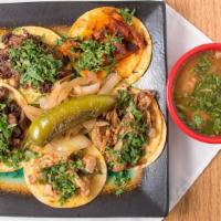 Taquitos (5) · Mini five corn tacos with your choice of meat, grilled onions, cilantro, and side charro bea...
