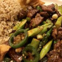 Hunan Beef · Spicy. Beef Tenderloin, Jalapeno, Asparagus, Mushroom & Bell Pepper Sautéed In Black Bea...